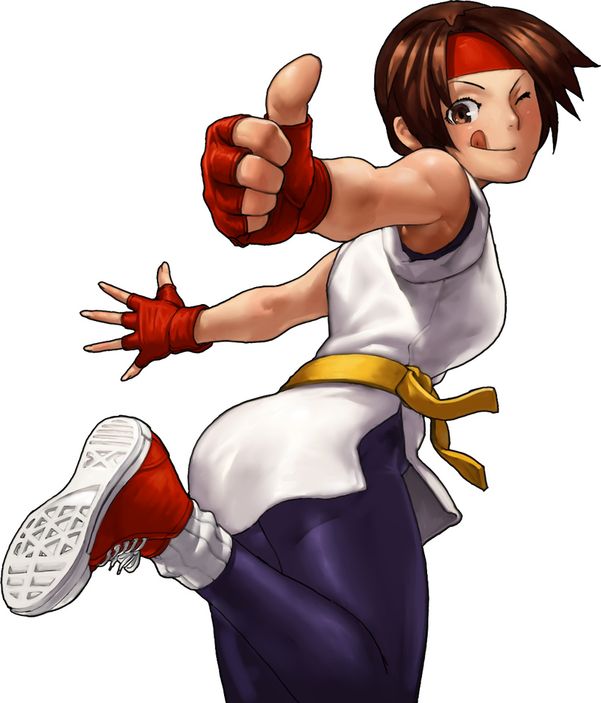 ;p brown_eyes brown_hair dougi fingerless_gloves gloves headband highres loose_socks official_art ogura_eisuke one_eye_closed ryuuko_no_ken shoes short_hair sneakers socks solo spandex the_king_of_fighters the_king_of_fighters_xiii thumbs_up tongue tongue_out transparent_background yuri_sakazaki