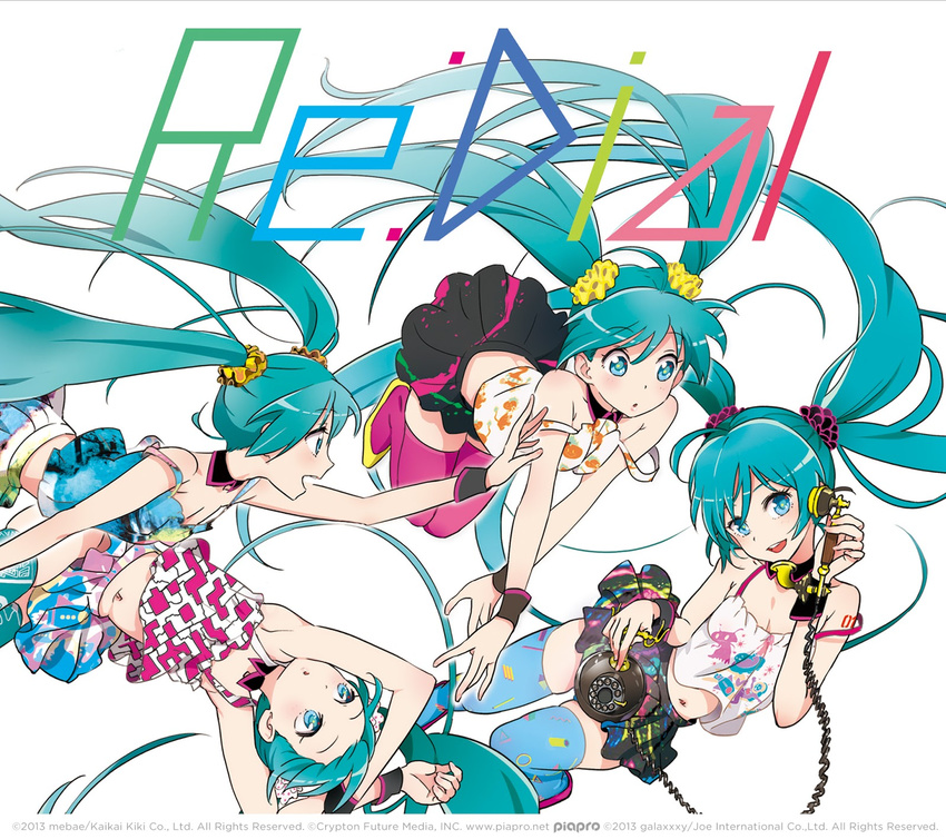 4girls :d album_cover aqua_eyes aqua_hair black_skirt blush cable cover hatsune_miku highres holding long_hair looking_at_viewer mebae microphone multiple_girls multiple_persona open_mouth redial_(vocaloid) simple_background skirt smile twintails very_long_hair vocaloid white_background