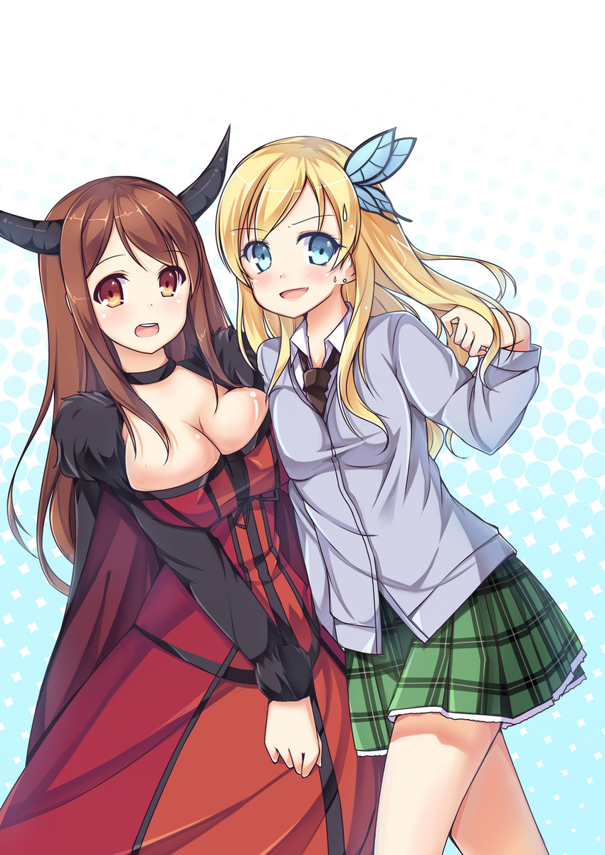 amemiya_ruki aqua_eyes blonde_hair boku_wa_tomodachi_ga_sukunai breast_press breasts brown_eyes brown_hair cardigan cleavage crossover highres horns kashiwazaki_sena large_breasts long_hair maou_(maoyuu) maoyuu_maou_yuusha multiple_girls season_connection