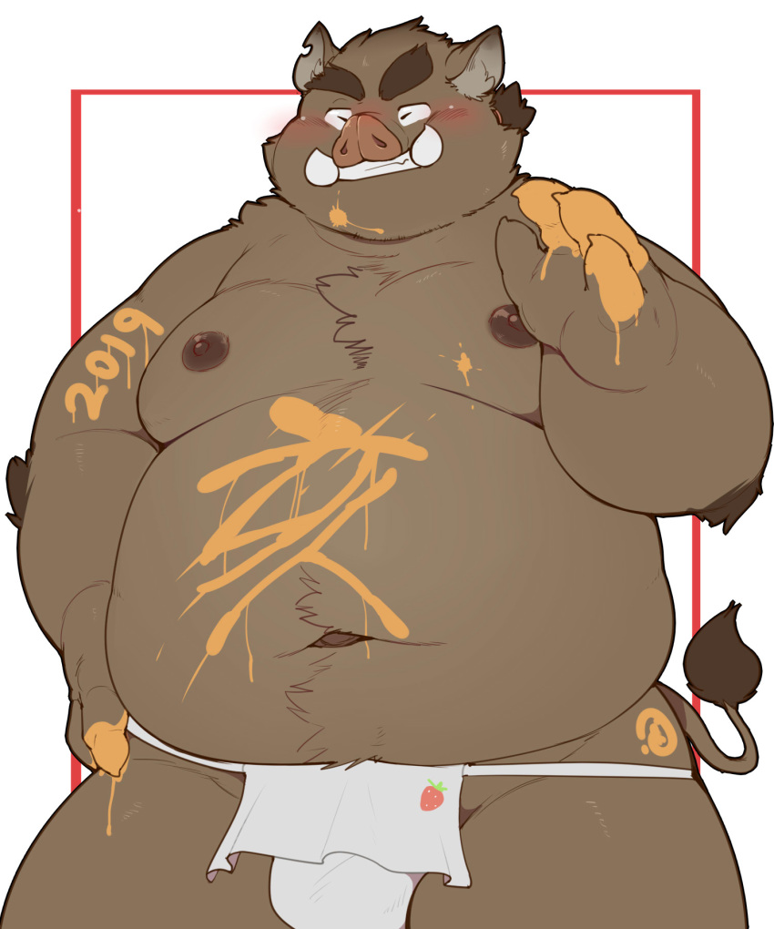 2019 anthro belly blush boar chinese_zodiac clothing eyes_closed fundoshi humanoid_hands japanese_clothing male mammal moobs navel nipples overweight overweight_male porcine quanjiang simple_background solo tusks underwear year_of_the_pig