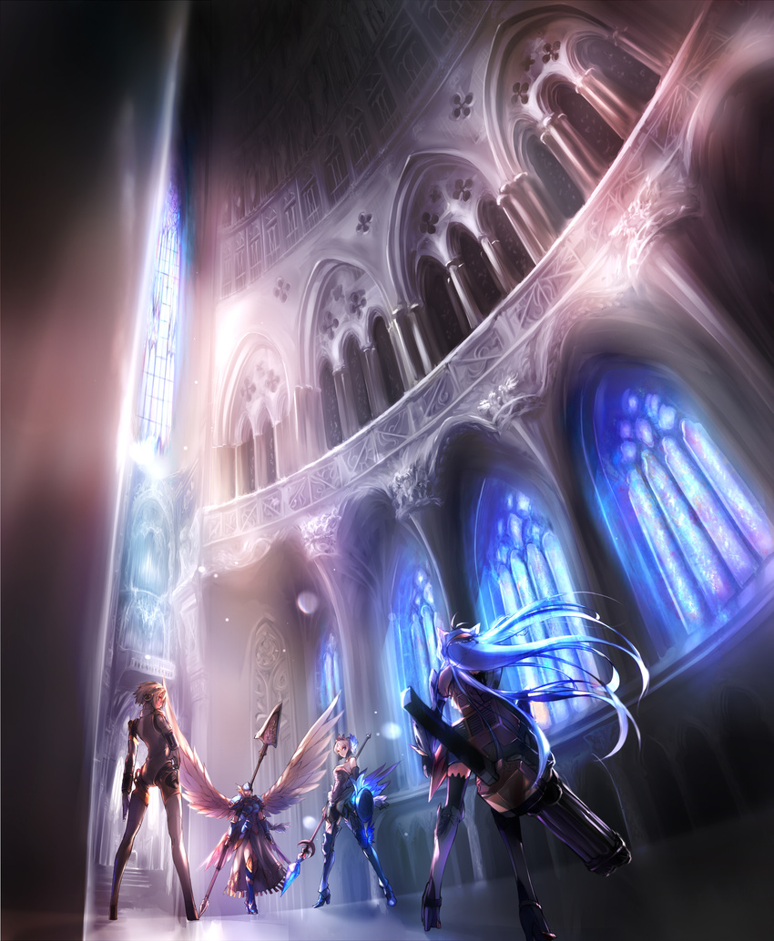 aegis_(persona) android armor armored_dress backlighting blonde_hair blue_eyes blue_hair church crossover fisheye from_below gatling_gun greaves gun gwendolyn headphones headpiece highres kos-mos kos-mos_ver._4 lenneth_valkyrie letterboxed long_hair multiple_girls negresco odin_sphere persona persona_3 polearm robot_joints shield short_hair spear thighhighs tiara trait_connection valkyrie valkyrie_profile weapon wings xenosaga