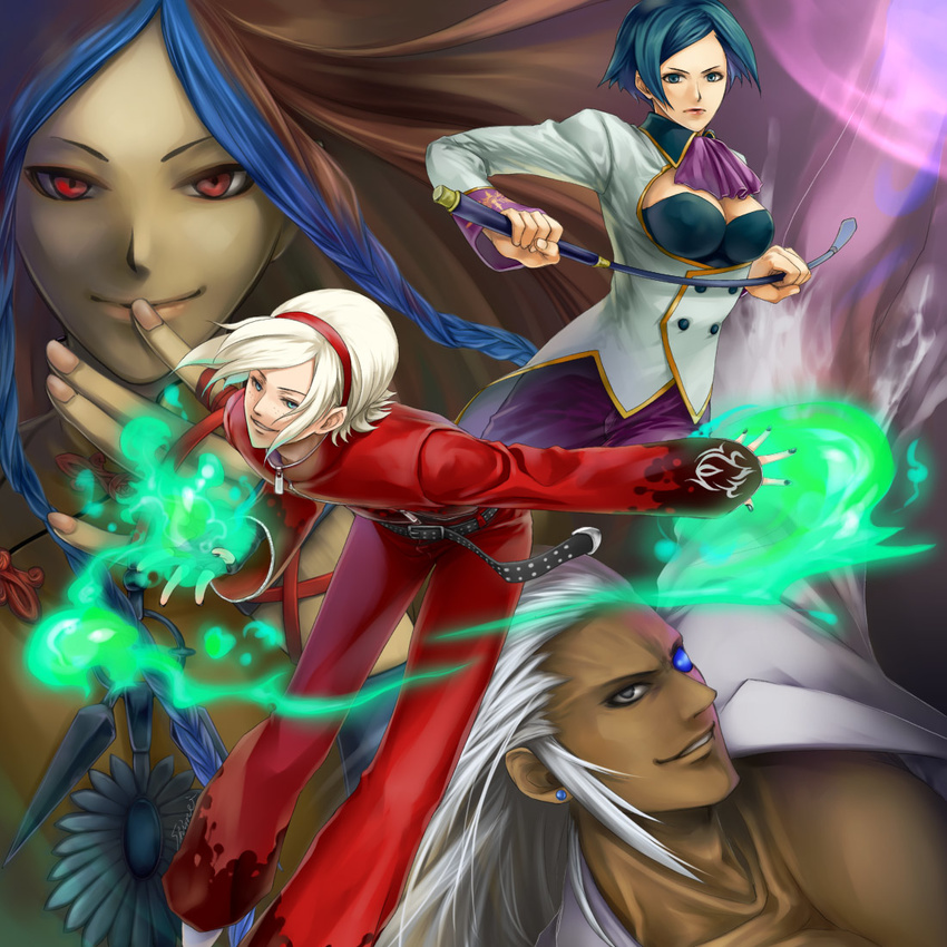 3boys ash_crimson blue_hair braid breasts brown_hair chinese_clothes cleavage cleavage_cutout dark_skin earrings elisabeth_blanctorche finger_to_mouth fire glowing glowing_eye green_fire heterochromia jewelry large_breasts long_hair masyu_shimei md5_mismatch mukai_(kof) multiple_boys pants pyrokinesis red_eyes red_pants riding_crop shion_(kof) the_king_of_fighters the_king_of_fighters_xi twin_braids