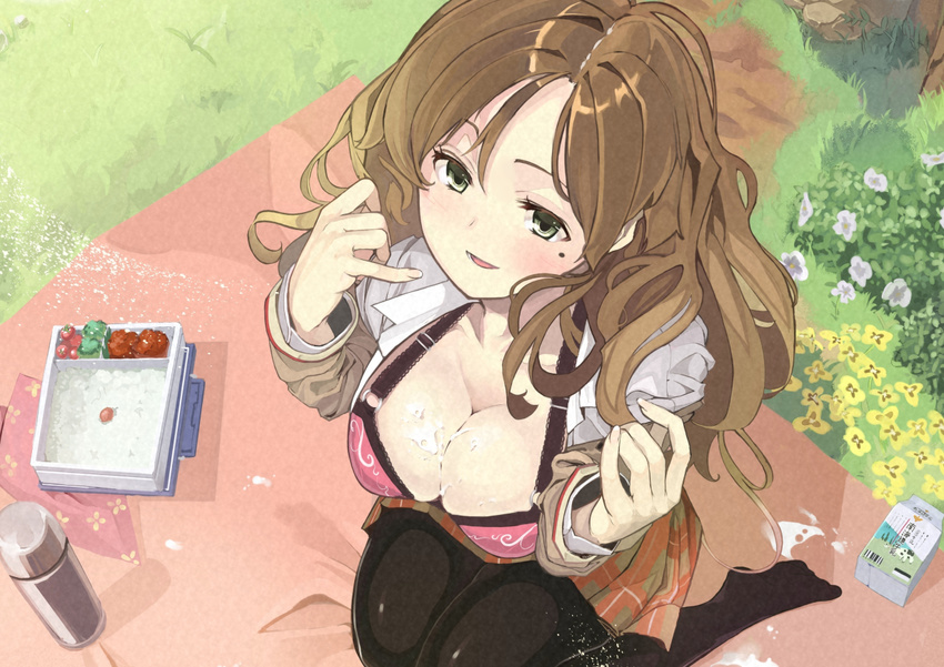 bad_id bad_pixiv_id black_legwear bra brown_hair bush carton cream feet flower food from_above furukawa_itsuse grass green_eyes long_hair mat mole mole_under_eye obentou open_clothes open_mouth original pantyhose pink_bra solo thermos underwear vegetable