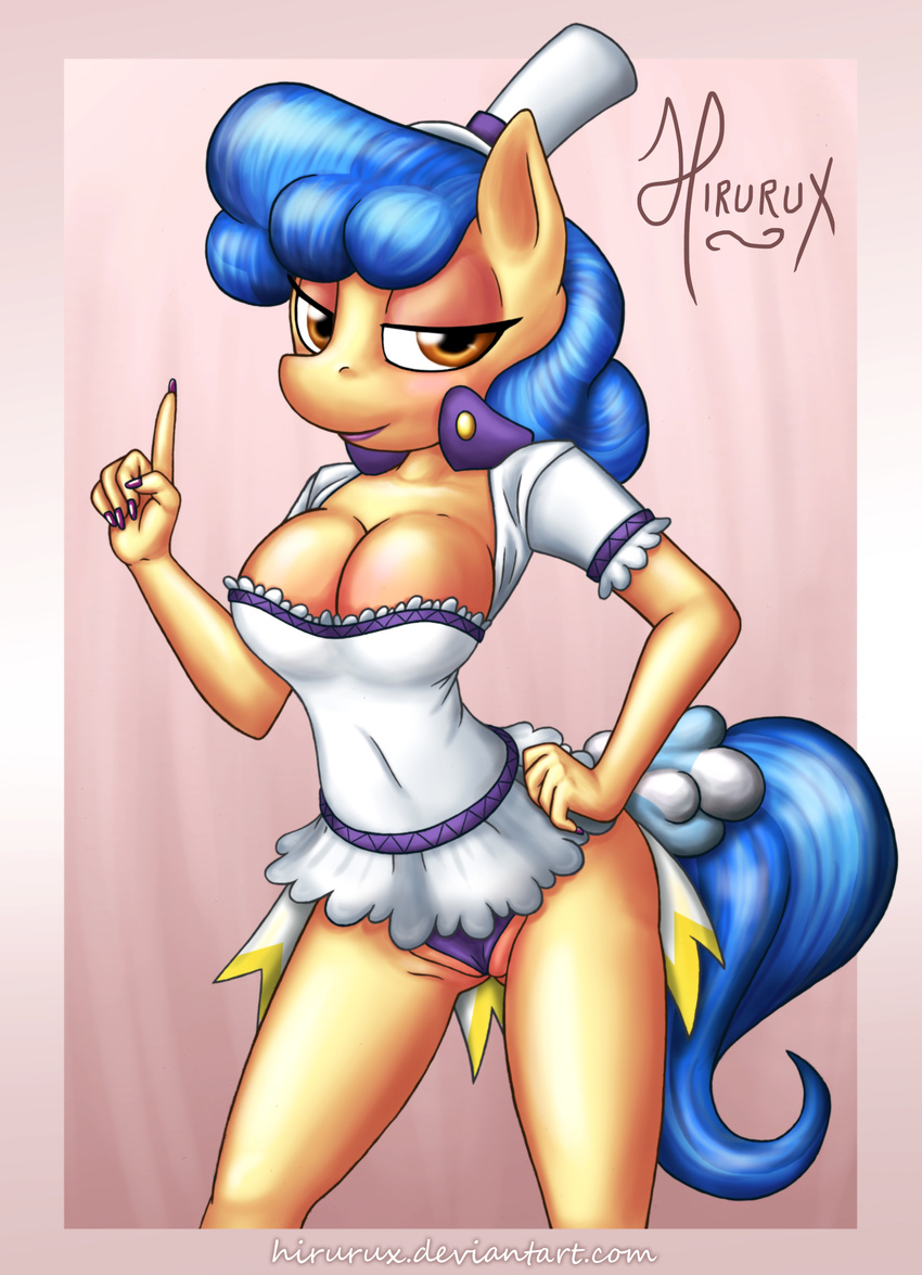 anthrofied big_breasts blue_hair breasts camel_toe cleavage clothed clothing equine eyeshadow female friendship_is_magic hair hat hirurux horse lipstick looking_at_viewer makeup mammal my_little_pony nail_polish plain_background sapphire_shores_(mlp) solo two_tone_hair yellow_eyes