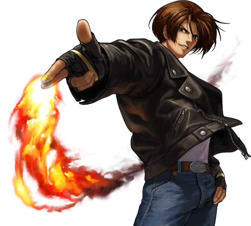 belt brown_eyes brown_hair buckle denim finger_gun fingerless_gloves fire gloves highres jacket jeans kusanagi_kyou leather leather_jacket male_focus official_art ogura_eisuke open_clothes open_jacket pants pyrokinesis solo the_king_of_fighters the_king_of_fighters_xiii thumb_in_pocket transparent_background