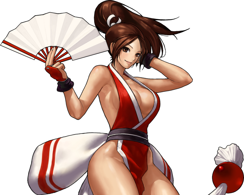 armor breasts brown_eyes brown_hair cleavage fan fatal_fury folding_fan hair_ribbon highres japanese_armor japanese_clothes kote large_breasts long_hair ninja no_panties official_art ogura_eisuke pelvic_curtain ponytail revealing_clothes ribbon sash shiranui_mai sideboob smile solo the_king_of_fighters the_king_of_fighters_xiii transparent_background wristband