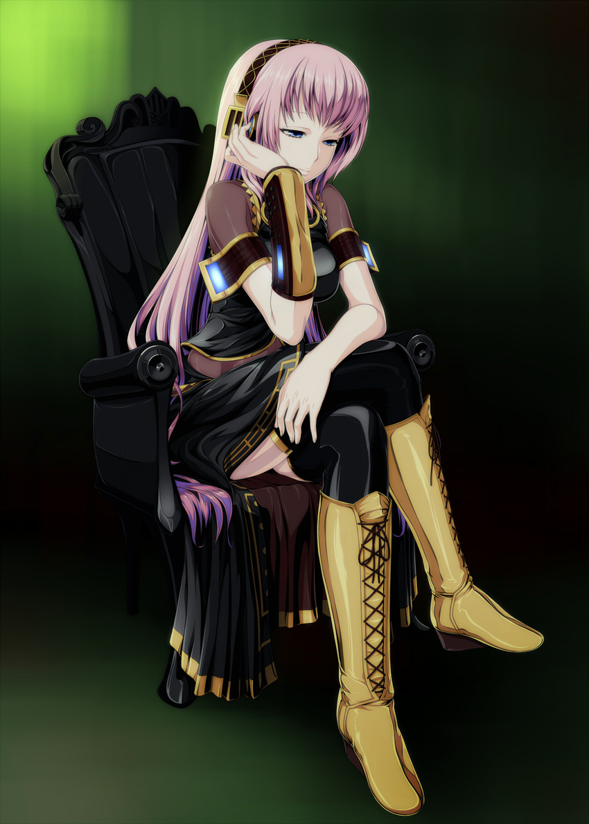 bad_id bad_pixiv_id blue_eyes boots chair chin_rest crossed_legs headphones highres knee_boots long_hair megurine_luka pink_hair sitting solo thighhighs tokitaka_(amaterath) very_long_hair vocaloid zettai_ryouiki