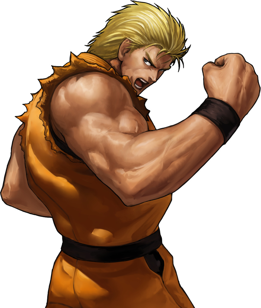 blonde_hair blue_eyes dougi highres male_focus mullet muscle official_art ogura_eisuke ryou_sakazaki ryuuko_no_ken shouting sleeveless solo the_king_of_fighters the_king_of_fighters_xiii transparent_background