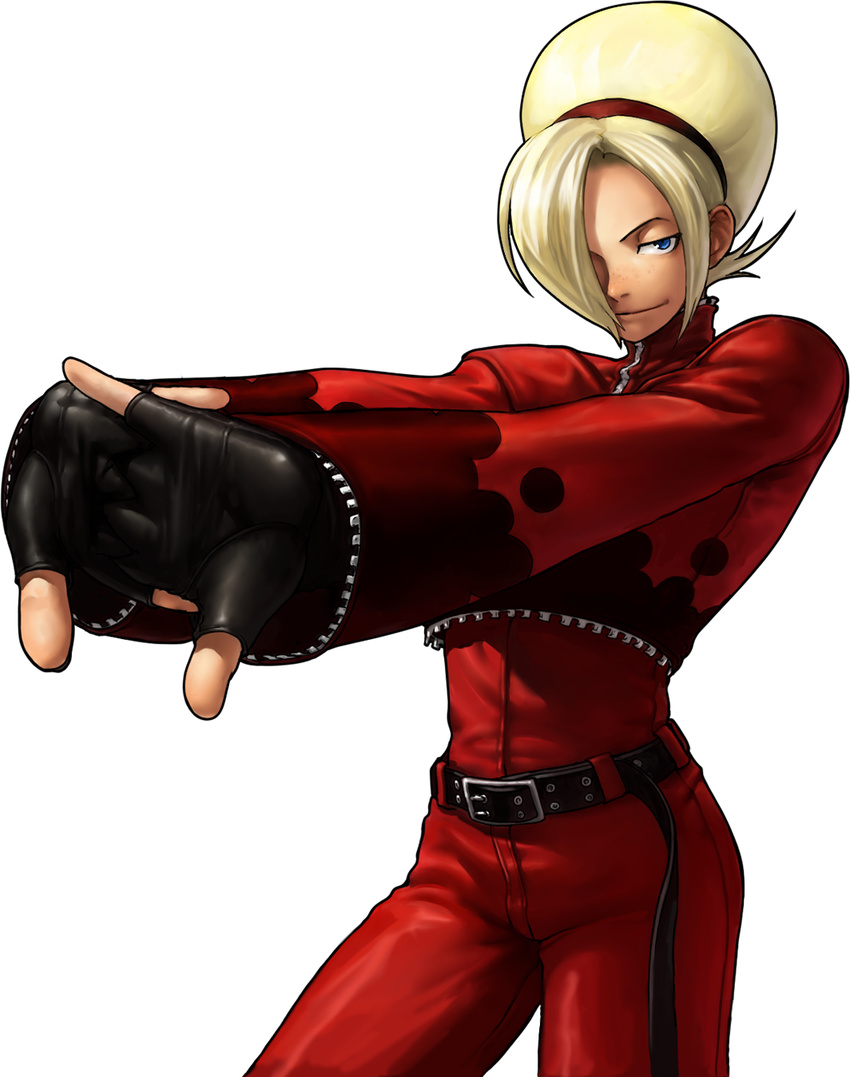 androgynous ash_crimson belt blonde_hair blue_eyes cracking_knuckles cropped_jacket fingerless_gloves gloves hair_bun hair_over_one_eye hairband highres male_focus official_art ogura_eisuke pants red_pants smile solo the_king_of_fighters the_king_of_fighters_xiii transparent_background