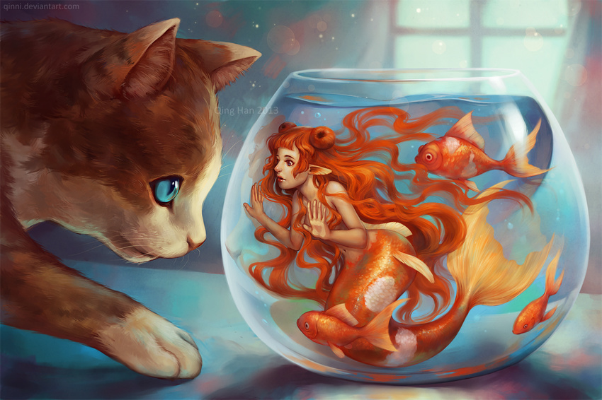 blue_eyes cat fish fishbowl lips long_hair mermaid minigirl monster_girl navel nude orange_hair original pointy_ears qinni solo underwater water