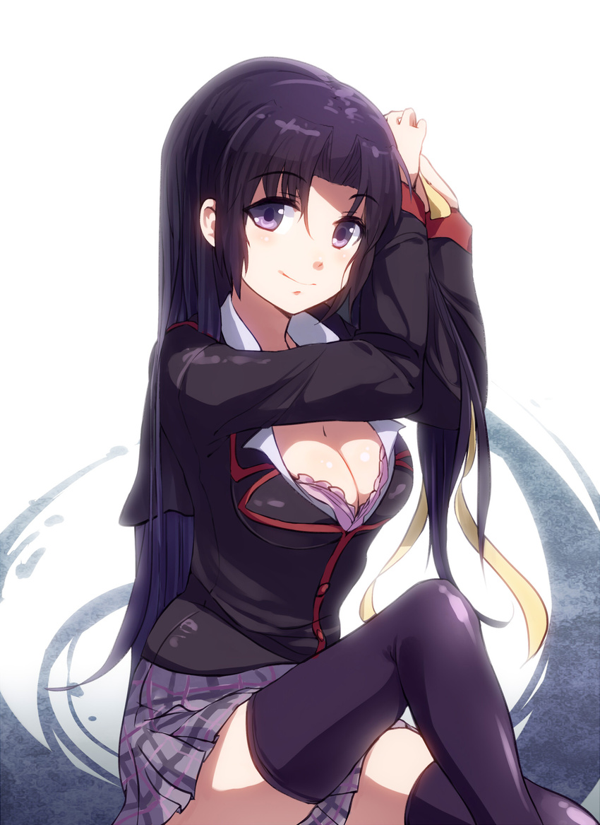 black_hair breasts cleavage highres kikuma525 kurugaya_yuiko little_busters! long_hair medium_breasts purple_eyes school_uniform thighhighs