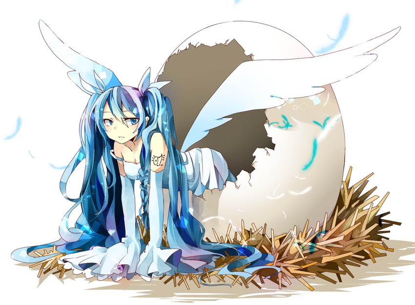 blue_eyes blue_hair detached_sleeves egg eggshell feathers hatching hatsune_miku long_hair nest shirayuki_towa solo strap_slip twintails very_long_hair vocaloid wings