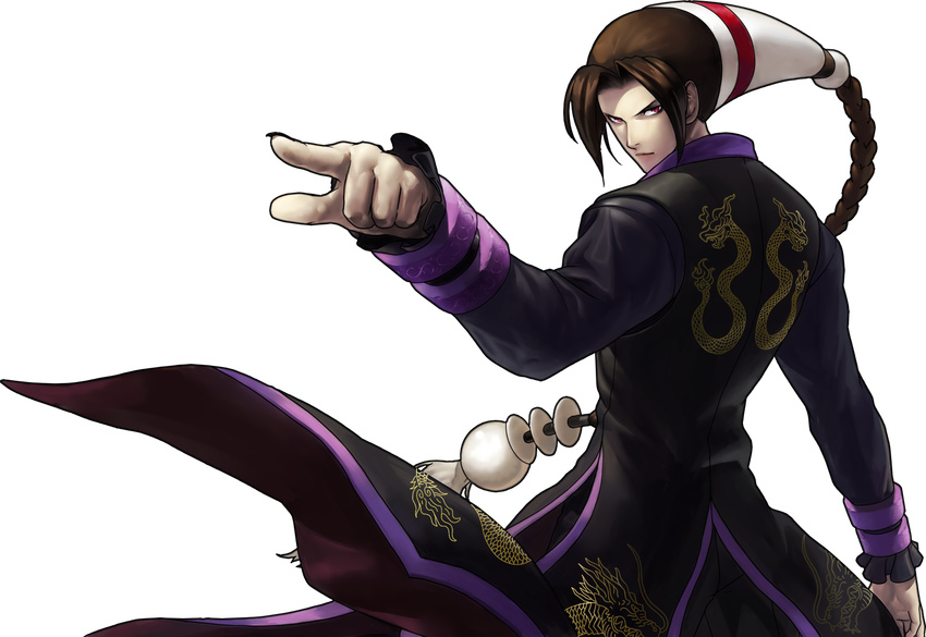 braid brown_hair chinese_clothes duo_lon hat highres long_hair male_focus nail_polish official_art ogura_eisuke pale_skin pointing pointing_forward red_eyes single_braid solo the_king_of_fighters the_king_of_fighters_xiii transparent_background