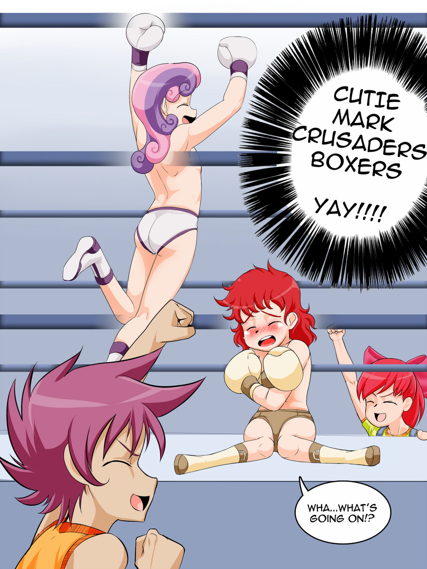 ambiguous_gender anbx anime apple_bloom_(mlp) bow boxer boxing boxing_gloves boxing_ring breasts butt celebration clothing covering covering_chest covering_self crying cutie_mark_crusaders_(mlp) dialog eyes_closed female fighting_ring fist fist_pump flat_chested friendship_is_magic hair hair_bow human humanized jumping mammal my_little_pony not_furry purple_hair red_hair scootaloo_(mlp) shoes sitting smile standing suspenders sweetie_belle_(mlp) tears text topless two_tone_hair underwear young young_human