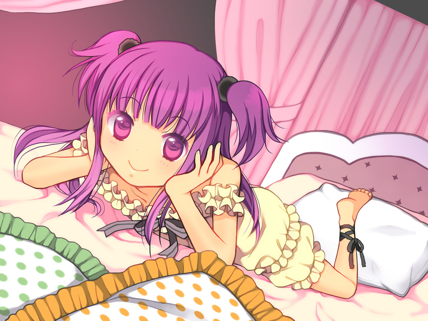 barefoot bed curtains frilled_pillow frills kurarin lying on_stomach original pajamas pillow purple_eyes purple_hair smile solo two_side_up