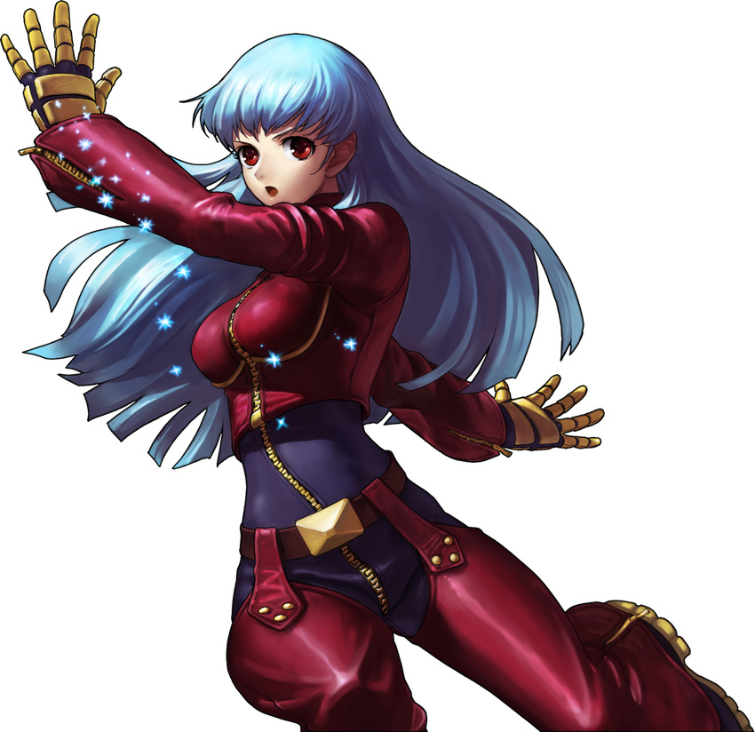 belt blue_hair breasts chaps cropped_jacket full-length_zipper gloves highres ice kula_diamond leotard long_hair medium_breasts official_art ogura_eisuke red_eyes solo the_king_of_fighters the_king_of_fighters_xiii transparent_background zipper