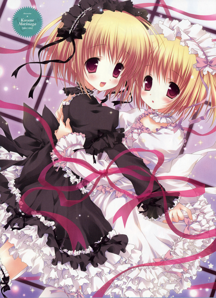 absurdres blonde_hair blush copyright_request gothic_lolita highres lolita_fashion morinaga_korune multiple_girls red_eyes ribbon short_hair siblings sisters twins