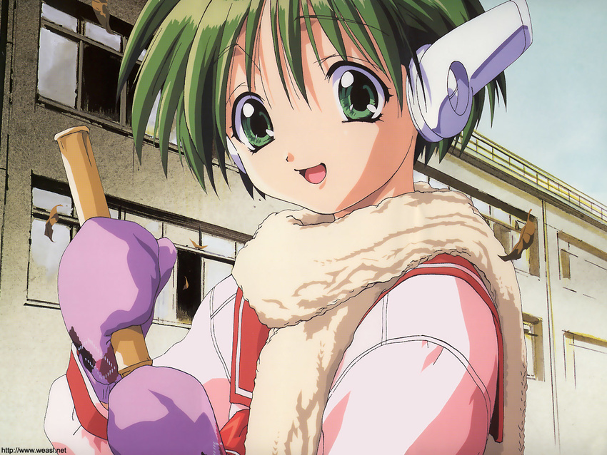 artist_request green_eyes green_hair multi robot_ears school_uniform short_hair solo to_heart