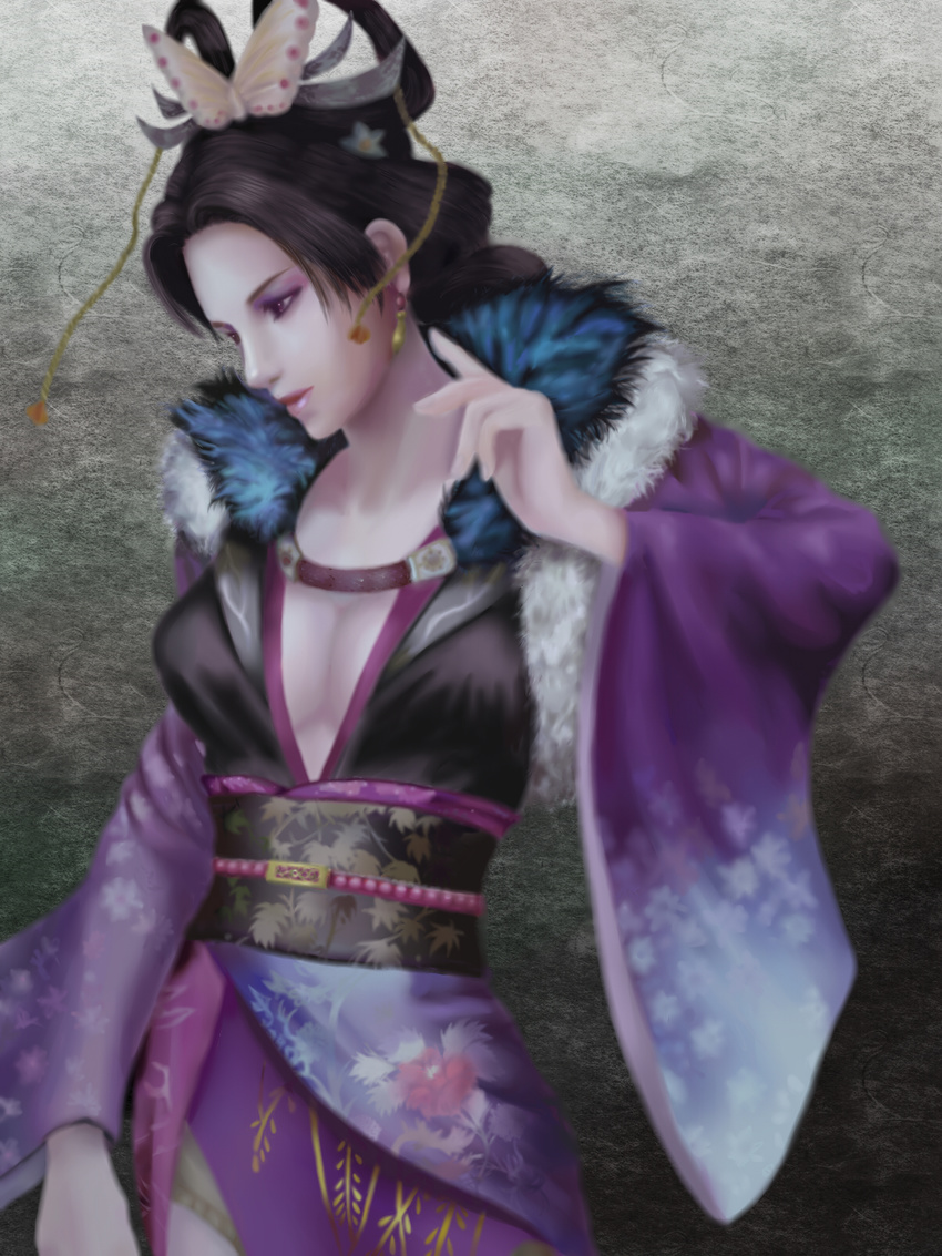 bad_id bad_pixiv_id black_hair breasts cleavage collarbone cowboy_shot floral_print grey_eyes hair_ornament hair_rings hair_stick highres japanese_clothes kimono long_hair long_sleeves medium_breasts nawo nouhime_(sengoku_musou) obi sash sengoku_musou sengoku_musou_2 solo wide_sleeves