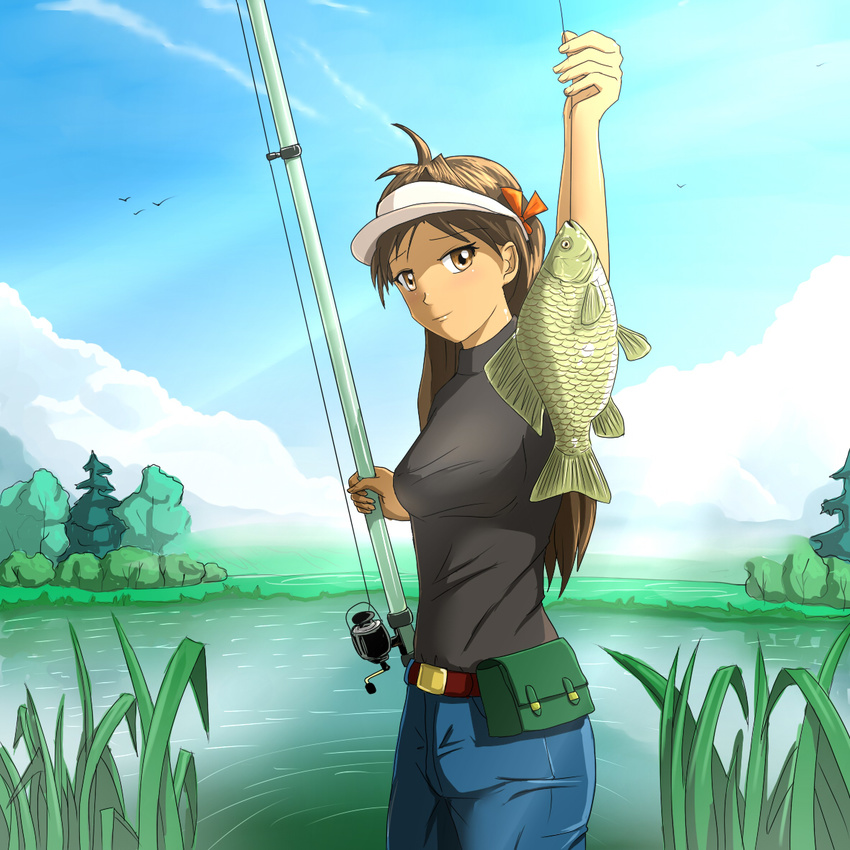 brown_hair fish fishing fishing_rod holding holding_fishing_rod huyase original solo twintails