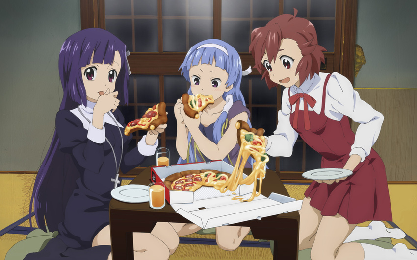 aoba_tsugumi blue_hair cross dress eating finger_licking food highres holding holding_pizza jewelry kannagi kneeling licking long_hair looking_at_viewer multiple_girls nagi necklace official_art open_mouth pizza plate purple_eyes purple_hair red_eyes red_hair short_hair sliding_doors wallpaper zange