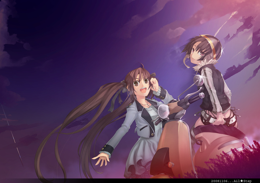 ayaki bad_id bad_pixiv_id brown_eyes brown_hair copyright_request dress dusk ground_vehicle helmet highres jewelry long_hair long_sleeves motor_vehicle multiple_girls necklace open_mouth panties scooter short_hair short_shorts shorts side-tie_panties sky space_elevator striped striped_legwear sunset thighhighs tower twintails underwear whale_tail