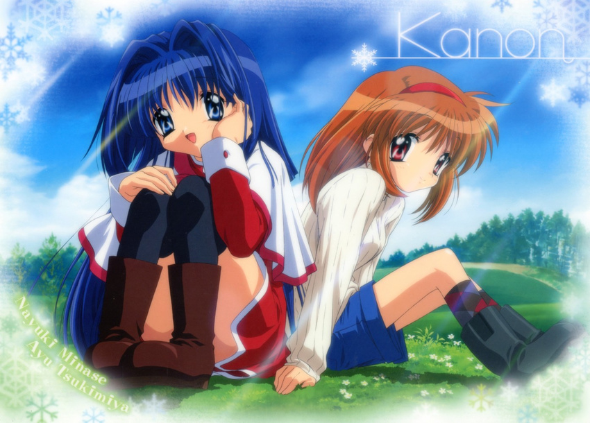 blue_eyes blue_hair cloud day flower forest grass hairband happy ikeda_kazumi kanon long_hair minase_nayuki multiple_girls nature orange_hair red_eyes red_skirt school_uniform short_hair sitting skirt sky smile thighhighs tsukimiya_ayu very_long_hair