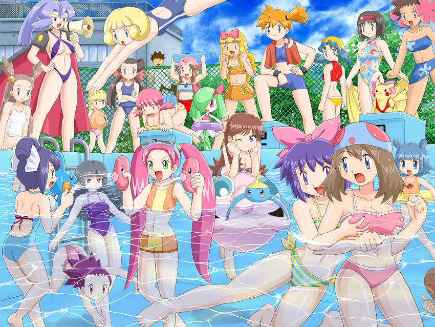 6+girls akane_(pokemon) annotated anzu_(pokemon) arms_up ass barefoot bikini blue_(pokemon) blue_sarong breast_grab breasts brown_hair crossdressing crystal_(pokemon) day diglett dual_persona elite_four erika_(pokemon) everyone frontier_brain fuyou_(pokemon) gen_1_pokemon gen_3_pokemon grabbing gym_leader haruka_(pokemon) hat holding holding_pokemon ibuki_(pokemon) jigglypuff kanata_(pokemon) kasumi_(pokemon) kirlia kogomi_(pokemon) large_breasts long_hair lovrina_(pokemon) luvdisc mana_(pokemon) medium_breasts mikan_(pokemon) mudkip multiple_boys multiple_girls natsume_(pokemon) otoko_no_ko pikachu pokemoa pokemon pokemon_(anime) pokemon_(classic_anime) pokemon_(creature) pokemon_(game) pokemon_ag pokemon_frlg pokemon_gsc pokemon_rgby pokemon_rse pokemon_special pool print_sarong ran_(pokemon) sarong sarong_removed satoko_(pokemon) satoshi_(pokemon) sky small_breasts summer surskit swimsuit takeshi_(pokemon) team_cipher tsutsuji_(pokemon) two_side_up very_long_hair wallpaper yellow_(pokemon) yellow_sarong