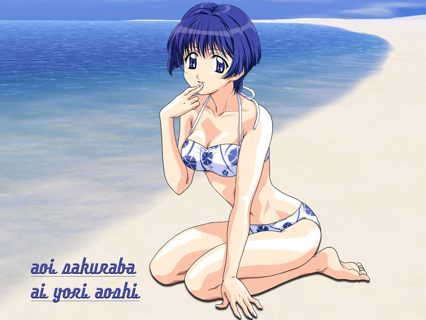 ai_yori_aoshi beach bikini blue_eyes blue_hair day highres kneeling non-web_source sakuraba_aoi short_hair solo swimsuit wallpaper