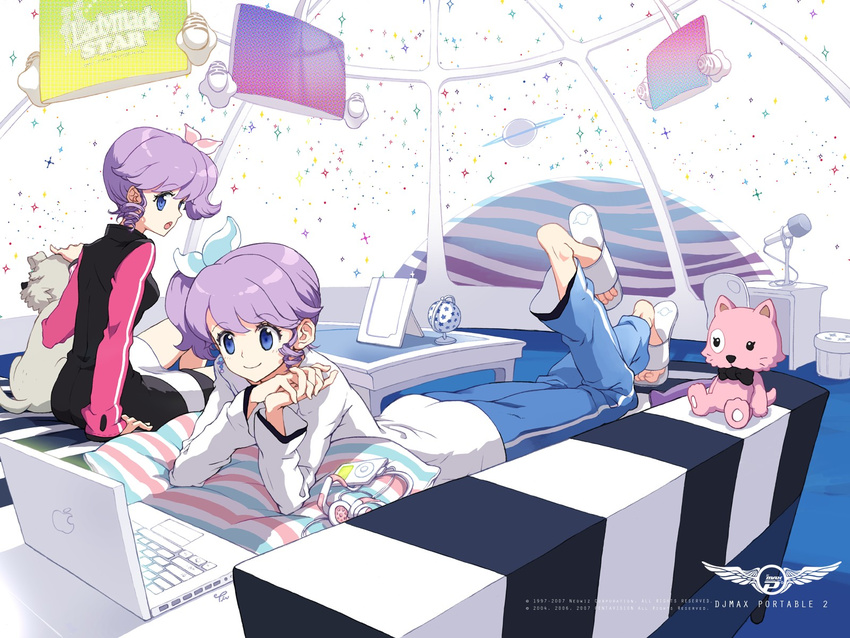 animal apple_inc. bangs bed blue_eyes bow cable cat computer curly_hair digital_media_player dj_max dj_max_portable dog dress drill_hair earrings hair_bow headphones highres interior ipod jewelry ladymade_star laptop lying microphone microphone_stand multiple_girls on_stomach pillow planet purple_hair ribbon sandals siblings side_ponytail single_vertical_stripe sisters space space_craft star striped stuffed_animal stuffed_toy table television tiv twins window