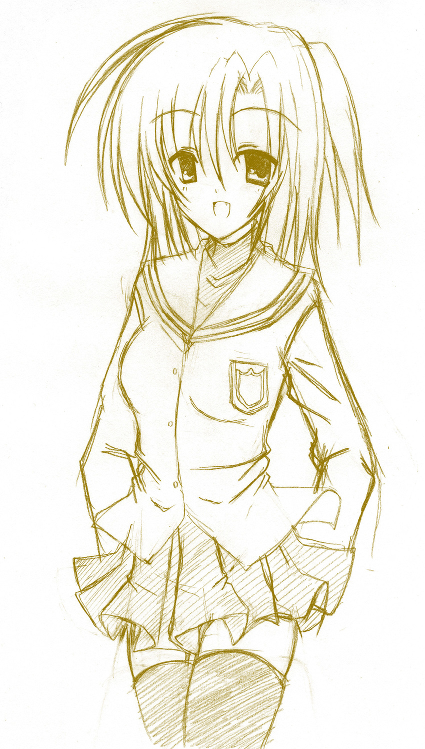 absurdres brown chubame clannad genderswap genderswap_(mtf) highres hikarizaka_private_high_school_uniform long_hair monochrome school_uniform side_ponytail sketch solo sunohara_youko thighhighs