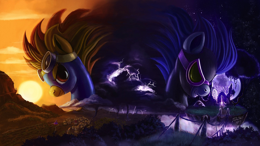 amber_eyes duo equine eyewear female friendship_is_magic goggles hair horse looking_at_viewer mammal moon my_little_pony night_shade_(mlp) nightshade_(mlp) pony shadowbolts_(mlp) smile spitfire_(mlp) sun tsitra360 two_tone_hair wonderbolts_(mlp)