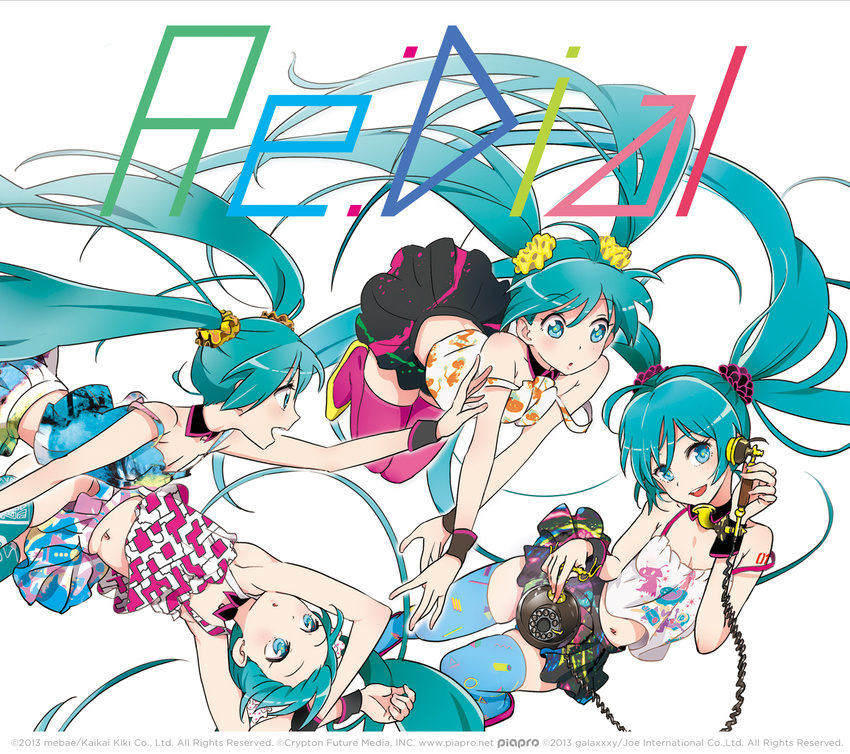 4girls album_cover aqua_eyes aqua_hair blush cable cover hatsune_miku head_tilt highres long_hair looking_at_viewer mebae multiple_girls navel redial_(vocaloid) simple_background stomach vocaloid white_background