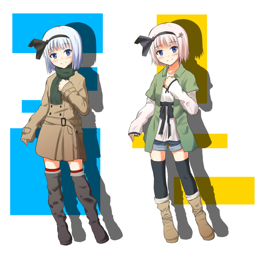 alternate_costume alternate_hair_color blue_eyes blush bob_cut boots casual coat collarbone contemporary drop_shadow dual_persona fashion full_body hair_ornament hair_ribbon hairclip hand_on_own_chest highres konpaku_youmu long_sleeves looking_at_viewer matsumoto_aya multiple_views open_clothes open_shirt pink_hair ribbon sash scarf shadow shirt short_hair shorts simple_background sleeves_past_wrists smile striped striped_background thighhighs touhou variations white_background white_hair