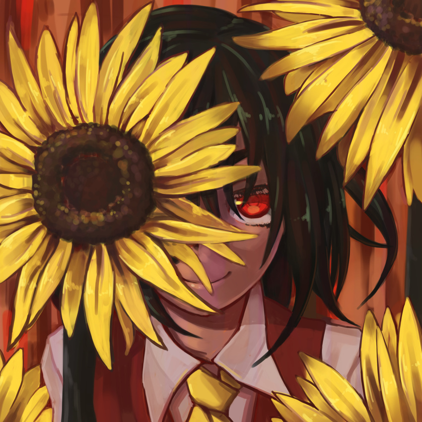 ascot closed_mouth face flower green_hair hiding highres higurashi_aki kazami_yuuka looking_at_viewer red_eyes short_hair smile solo sunflower touhou