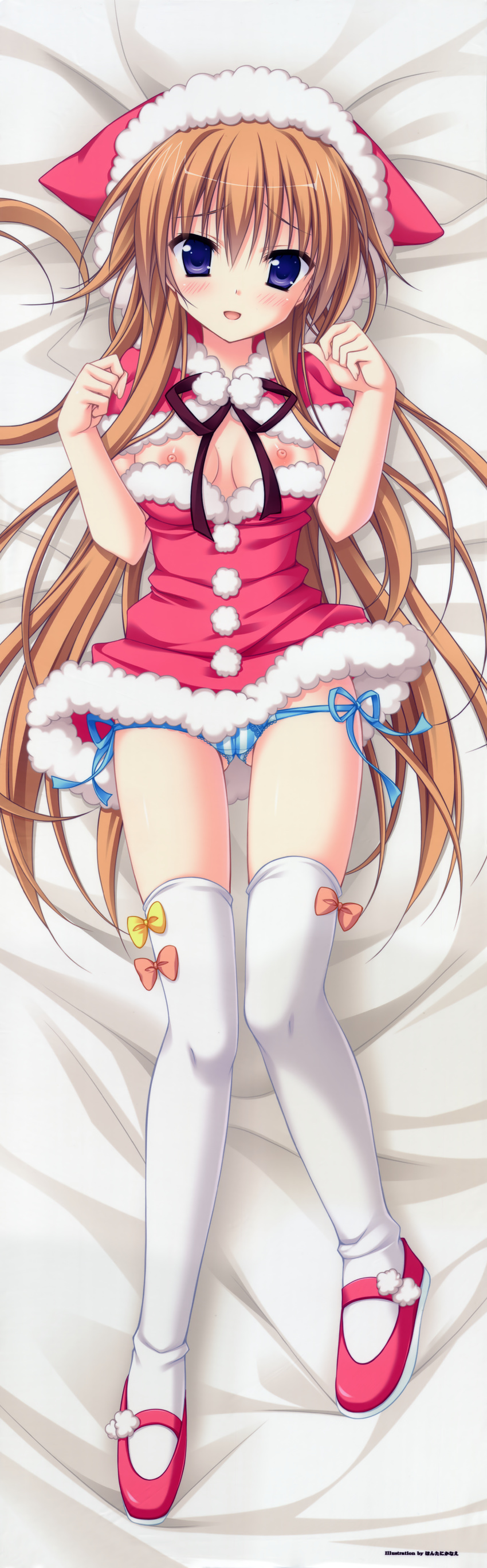 absurdres bed bed_sheet blue_eyes blue_panties blush breasts brown_hair capelet copyright_request dakimakura dress_pull from_above full_body fur_trim hat highres huge_filesize legs looking_at_viewer lying medium_breasts moribe_(rabumanyo) nipples on_back on_bed on_stomach panties panty_pull santa_costume side-tie_panties solo striped striped_panties thighhighs underwear white_legwear