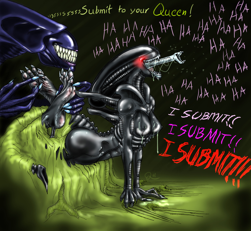 5_toes absurd_res alien alien_(franchise) blush breasts claws dialog english_text female hi_res laugh nipples nude quintonquill saliva smile teeth text tickle_torture tickling toe_claws toes xenomorph xenomorph_queen