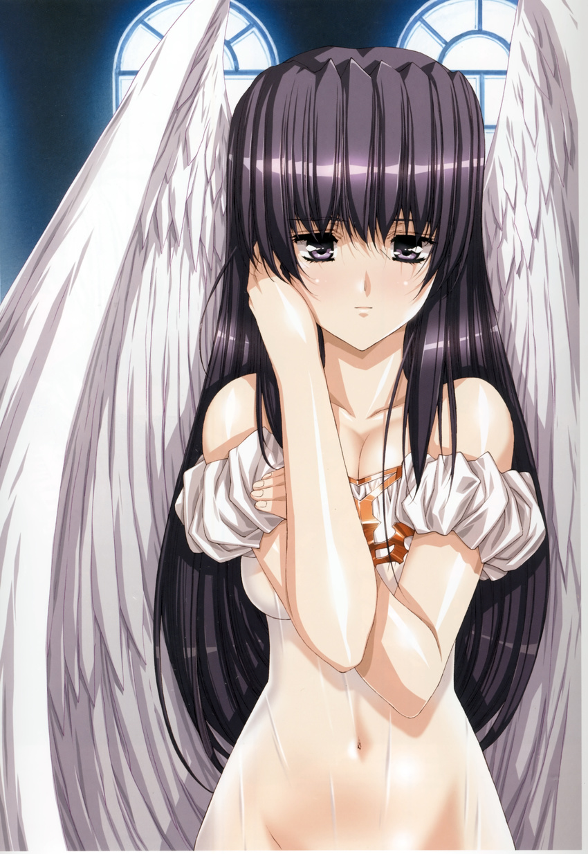 absurdres bangs bare_shoulders black_hair blush breasts collarbone covered_navel dress feathered_wings growlanser growlanser_i highres huge_filesize indoors long_hair looking_at_viewer medium_breasts melphie official_art puffy_sleeves purple_eyes scan see-through solo urushihara_satoshi window wings