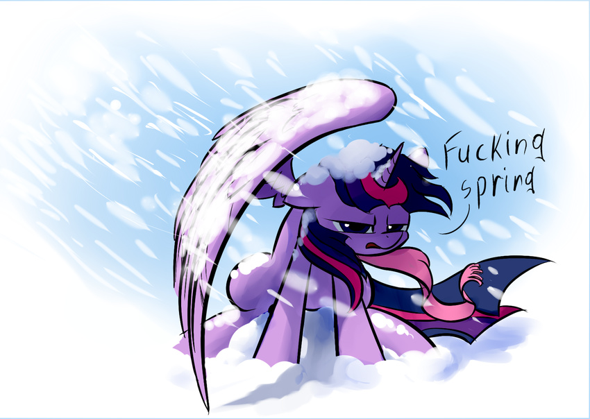 annoyed blizzard dialog english_text equine female feral friendship_is_magic hair horn horse mammal multi-colored_hair my_little_pony pony purple_eyes scarf shielding snow snowing solo spring text twilight_sparkle_(mlp) underpable wind winged_unicorn wings