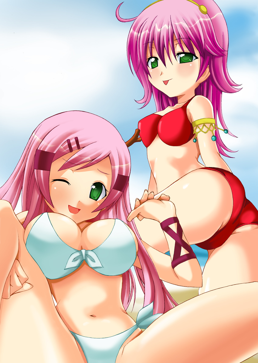 2girls absurdres ass athena:_full_throttle athena_(series) bikini breasts front-tie_bikini front-tie_top green_eyes helene_(athena) highres large_breasts long_hair looking_at_viewer multiple_girls navel pink_hair princess_athena purple_hair side-tie_bikini smile snk swimsuit tongue wink
