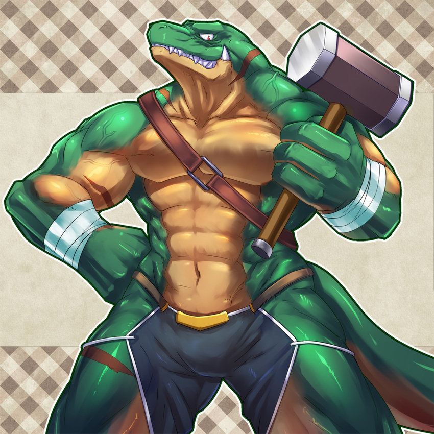 armor baldric bandage belt biceps big_muscles brown_skin bulge clothed clothing crocodile fangs green_skin grin hammer looking_at_viewer male muscles pecs red_eyes reptile scales scalie skimpy sledgehammer smile solo standing teeth toned topless urakata vein weapon