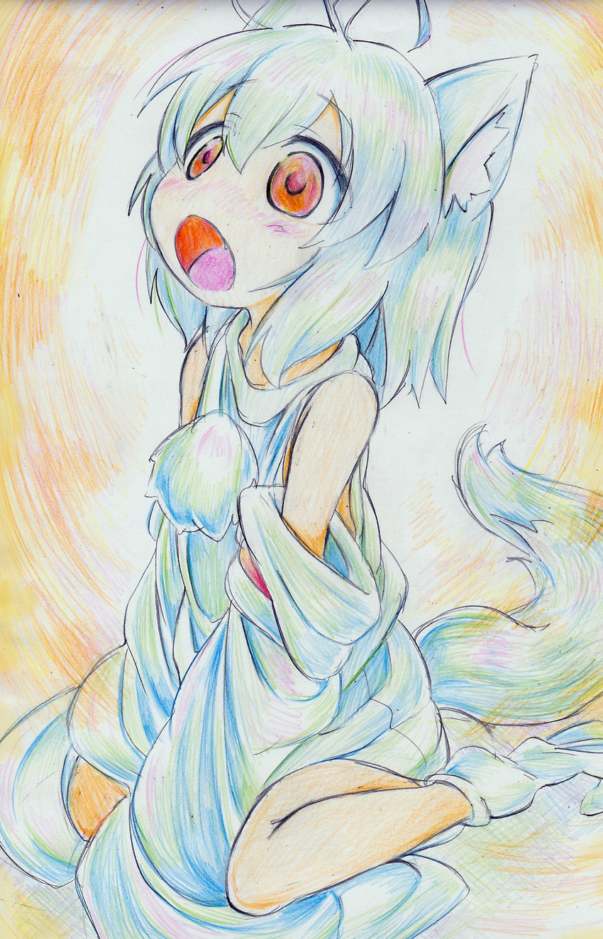 absurdres ahoge animal_ears bare_shoulders colored_pencil_(medium) detached_sleeves fang highres inubashiri_momiji kitazinger no_hat no_headwear open_mouth red_eyes silver_hair sitting socks solo tail touhou traditional_media wariza white_legwear wide-eyed wide_sleeves wolf_ears wolf_tail younger