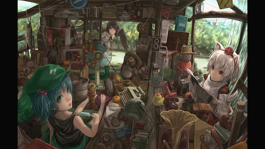 animal_ears bag barefoot blue_eyes blue_hair board_game book boots boots_removed bucket camera can cat corded_phone crowbar cucumber detached_sleeves doll eggplant electric_fan fan fish fish_tank food frog fruit gari_gari-kun geta go hammer hat highres incense inubashiri_momiji iron japanese_cylindrical_postbox japanese_postal_mark jizou kawashiro_nitori kokeshi lamp lif looking_back mosquito_coil multiple_girls newspaper onbashira phone phonograph pillarboxed plate pocket_watch popsicle postbox_(outgoing_mail) pyonta reading red_eyes refrigerator river rubber_boots rubber_duck screwdriver sewing_machine shameimaru_aya shoes_removed short_hair silver_hair sitting snake statue sweet_potato tail tanuki tea tokin_hat touhou twin-lens_reflex_camera two_side_up typewriter watch white_hair wind_chime wings wolf_ears wolf_tail