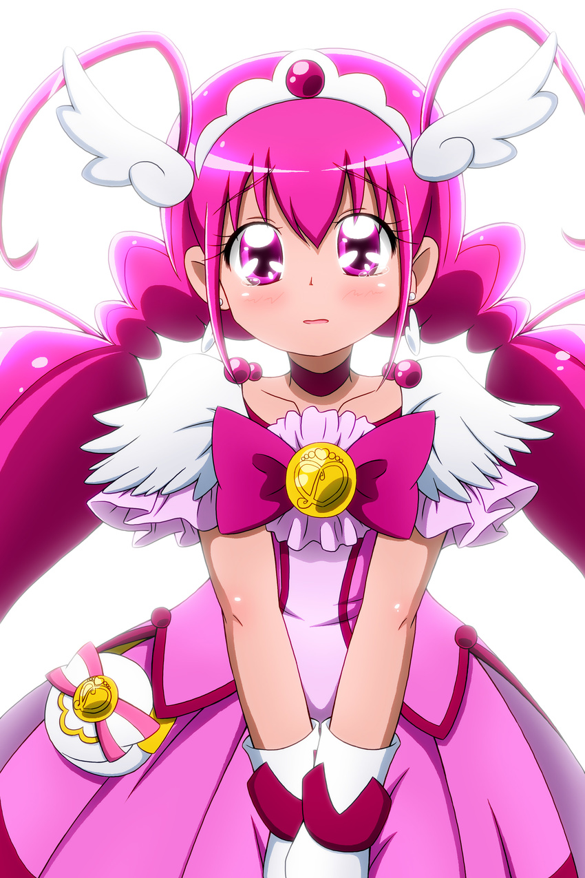 absurdres antenna_hair bow choker cure_happy highres hoshizora_miyuki jewelry kiyu_(doremi's_party) long_hair magical_girl pink pink_bow pink_choker pink_eyes pink_hair pink_skirt precure simple_background skirt smile_precure! solo tears tiara twintails wrist_cuffs