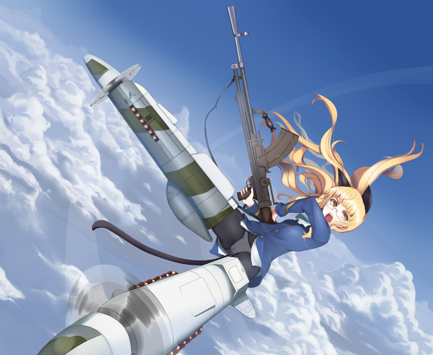animal_ears blonde_hair bren_lmg cat_ears cat_tail cloud day flying glasses gun highres long_hair machine_gun military military_uniform open_mouth panties panties_under_pantyhose pantyhose perrine_h_clostermann shiro-inu solo strike_witches striker_unit tail underwear uniform weapon world_witches_series yellow_eyes
