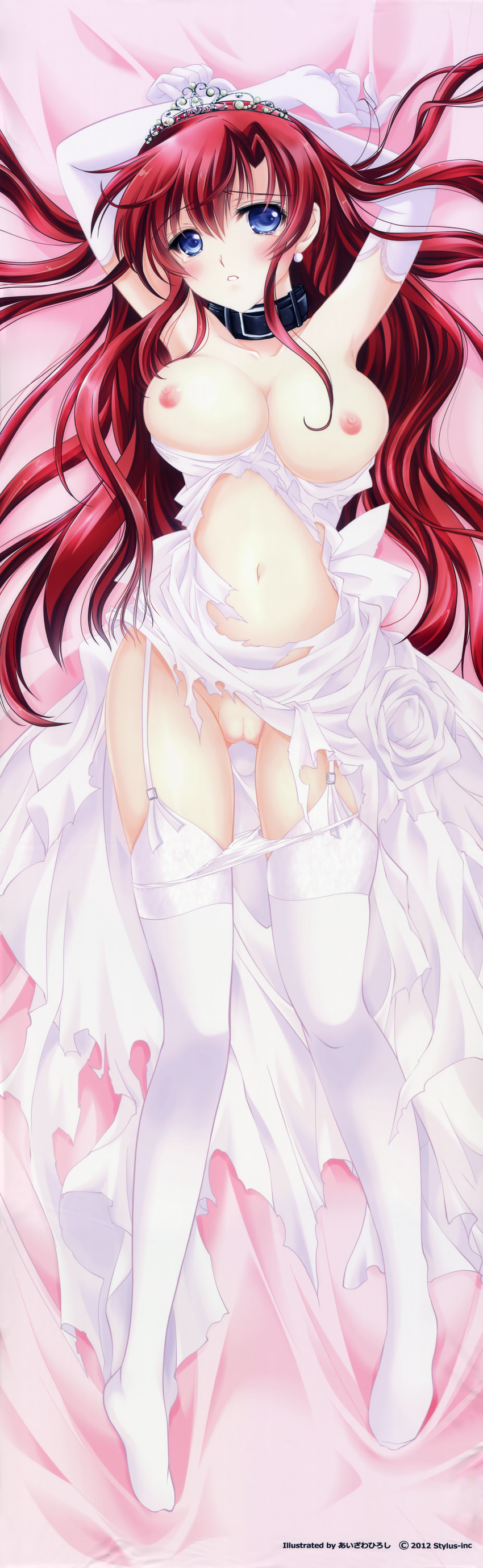 absurdres aizawa_hiroshi armpits arms_up blue_eyes breasts collar crown dakimakura dress earrings elbow_gloves full_body garter_straps gloves highres huge_filesize jewelry large_breasts legs navel nipples no_bra panties panty_pull pussy red_hair solo tears thighhighs torn_clothes underwear wedding_dress white_legwear white_panties yuuki_nozomi