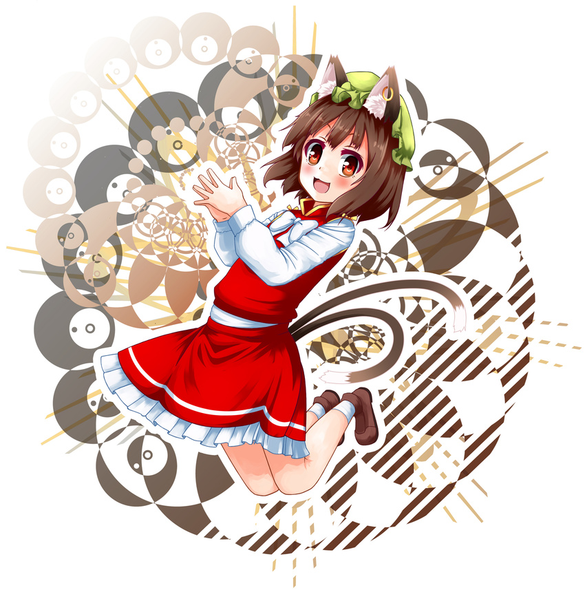 animal_ears aps_(alice-momizi) blush bow brown_eyes brown_hair cat_ears cat_tail chen earrings hat highres jewelry jumping long_sleeves looking_at_viewer multiple_tails nekomata open_mouth shirt single_earring skirt skirt_set smile solo tail touhou vest