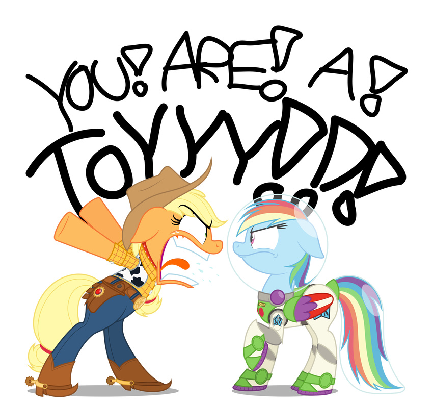 absurd_res alpha_channel applejack_(mlp) armor blonde_hair buzz_lightyear clothing cowboy_boots cowboy_hat duo english_text equine female feral friendship_is_magic green_eyes hair hat hi_res horse mammal multi-colored_hair my_little_pony parody pegasus plain_background pony purple_eyes rainbow_dash_(mlp) rainbow_hair shouting space_suit spurs standing suit text tongue tongue_out toy_story transparent_background wings woody zutheskunk