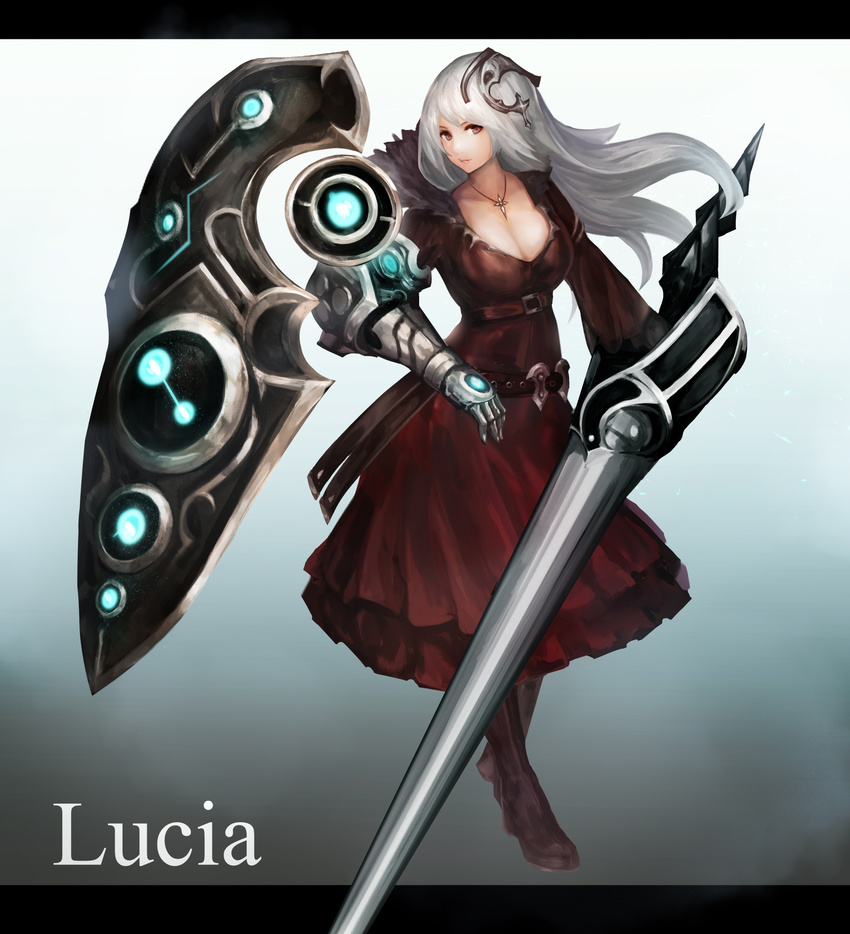 boots breasts brown_eyes dress highres huge_weapon jewelry lance large_breasts long_hair necklace pixiv_fantasia pixiv_fantasia_new_world polearm shield silver_hair solo weapon yaoya_musuko
