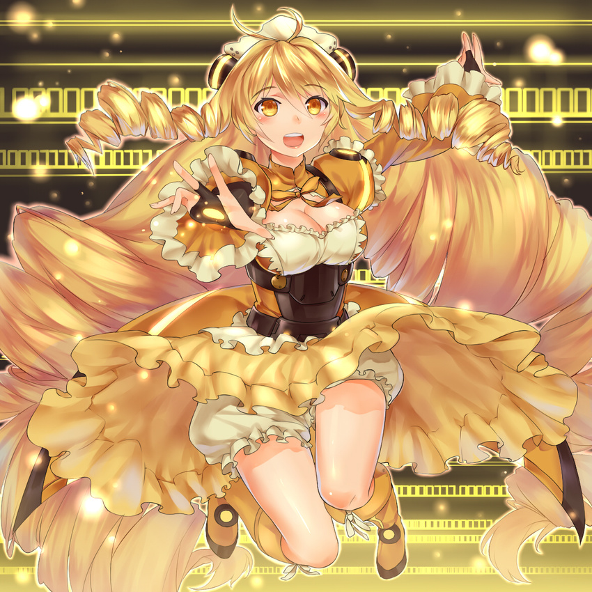 antenna_hair armor big_hair blonde_hair bloomers boots bow breasts bridal_gauntlets cleavage dress drill_hair frills large_breasts light_particles long_hair solo suika01 underwear very_long_hair vividred_operation vividyellow yellow_eyes